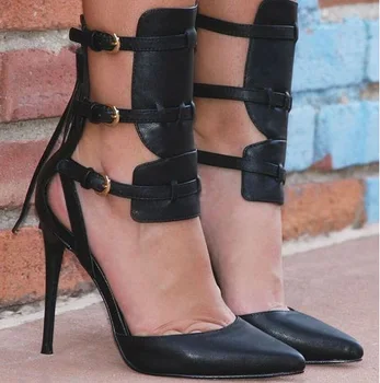 2022 пикантни Женски обувки на висок ток с однотонным воловьим принтом, остър пръсти и малки ресни, сандали с катарама