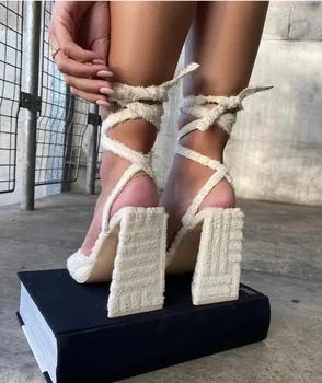 Пикантни Модерни Велурени Сандали на висок Масивна Обувки, Дамски Обувки с Каишка на щиколотке, Летни Дамски Сандали на Ток с появата на шнур, Sandalia Mujer