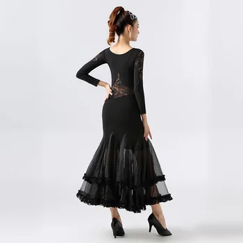 черно дантелено стандартно рокля за балните танци, танцови костюми за валс, испански рокля за танци-фламенко, рокля за танго, танцови, практика